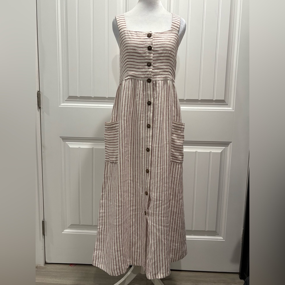 Artisan Pink and White Striped Button-Front Maxi Dress 100% Linen Size 4